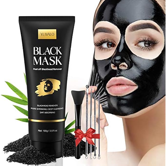 YLNALO BLACKHEAD REMOVER MASK KIT, CHARCOAL PEEL OFF FACIAL MASK WITH BRUSH AND PIMPLE EXTRACTORS, DEEP CLEANSING FOR FACE NOSE BLACKHEAD PORES ACNE, FOR ALL SKIN TYPES (3.5 FL.OZ) - Image 1